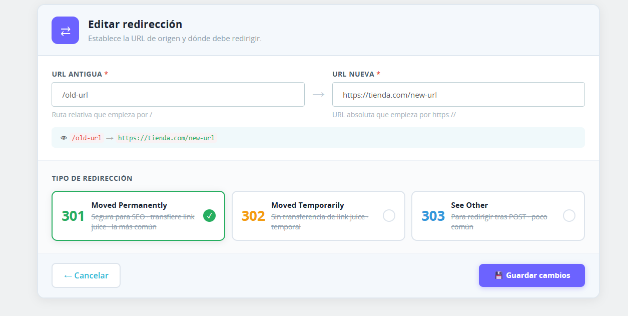 Formulario para crear una redirección 301 en PrestaShop 8 con el módulo SEO Redirect (tipos 301, 302, 303)
