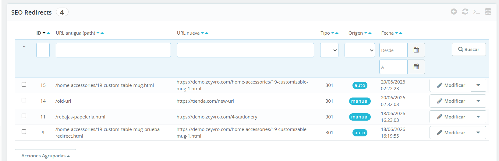 SEO Redirect 301 module for PrestaShop 8 showing the list of manual and automatic redirects